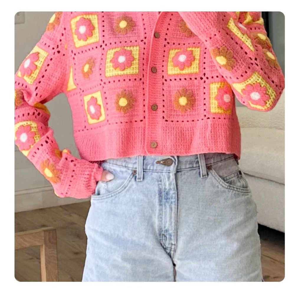 Talulah Pink Yellow Crochet Flower‎ Granny Square Cardigan Sweater M/L